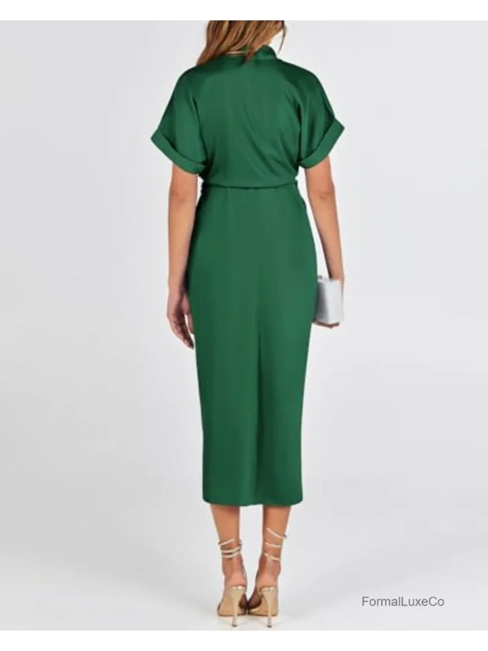 Satin Maxi Dress Short Sleeve Button Down Tie Waist Business Casual